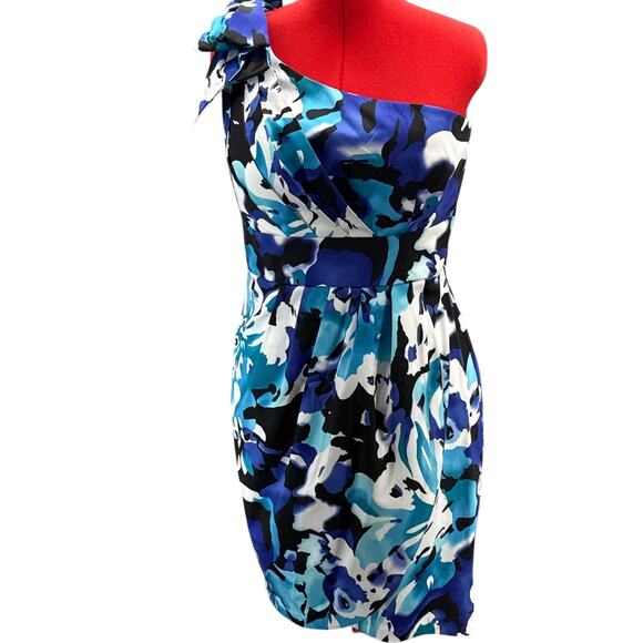 Bisou Bisou Dresses & Skirts - Bisou Bisou Blue Black Floral One Shoulder Wrap Dress Women 16